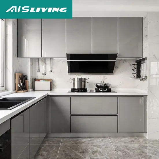 2022 Philippines Modern Designs Modular Scratch Resistant Small Size High Gray Glossy Lacquer Sink Base Kitchen Cabinets Set 