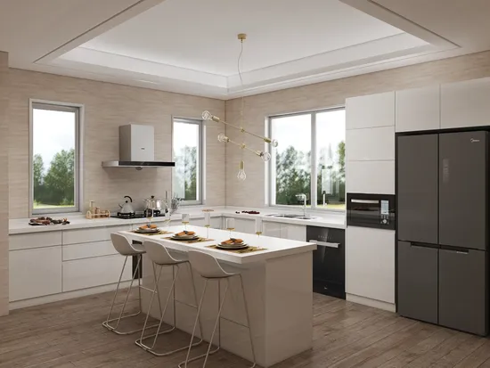 Glass Door Panel with Lacquer Plywood Customized Furniture Kitchen Cabinet for Single Apartment Use 
