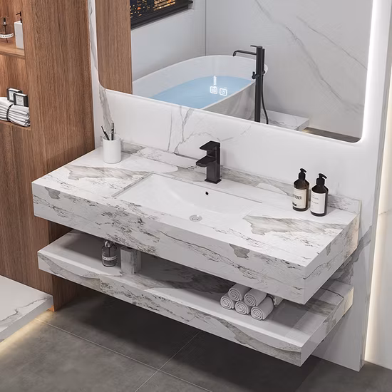 Marble Bathroom Vanity Wash Basin Cabinets Bathroom Wall Vanity with Smart LED Mirror