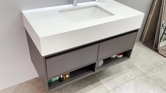 Grey Color Modern New Design Wall Mounted Mirror Bathroom Vanity MDF Cabinet with Rock Plate Basin and Marble Top Customized 